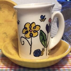 Handmade Ceramic Mug & Saucer w/Unique Design Hand-painted Bugs~Flowers~Bees